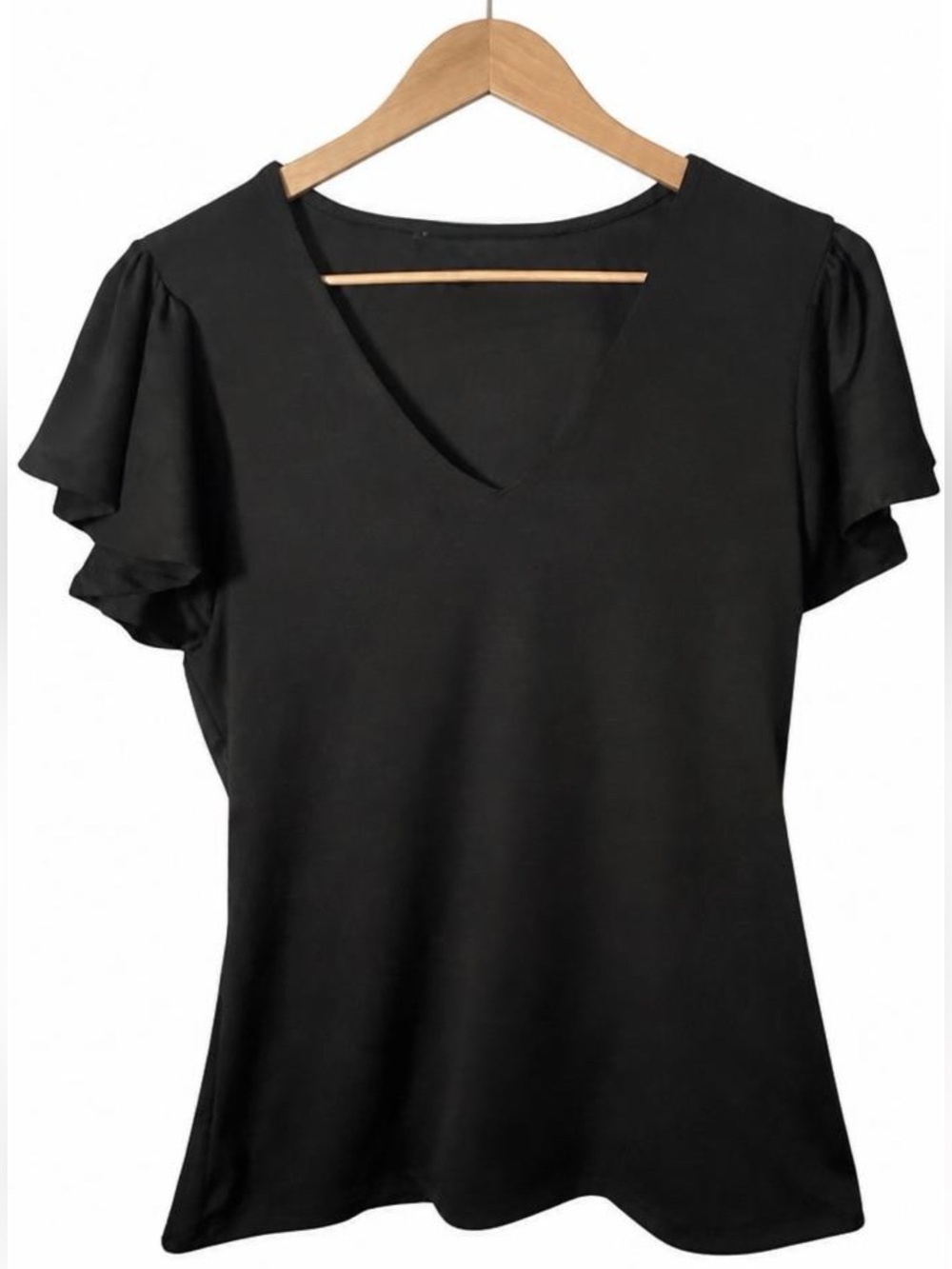 Haute Monde Sculpted Black V-Neck Ruffled Sleeves